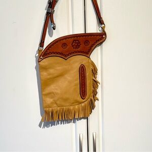 Rocking Bar L Texas Leather Works Brown & Tan Leather Fringe Shoulder Bag